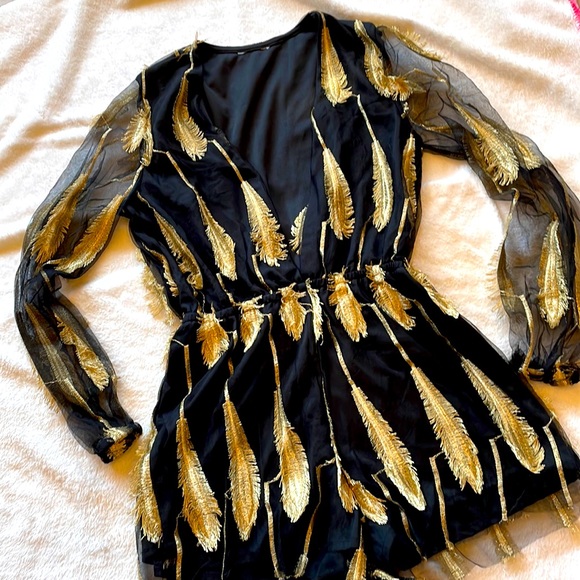 Pants - Black & gold plunge neck shorts romper classy style